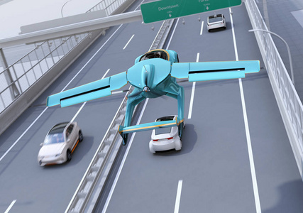 未来的飞行汽车飞越高速公路。快速运输, 没有交通堵塞的概念。3d 渲染图像