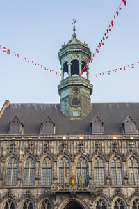 哥特式风格市政厅和文艺复兴时期的钟塔在阜，资本的 wallonian 在比利时 hainaut 省的中央广场上
