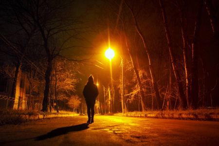 孤独的旅行者在树林的黑夜沥青路和孤独的树在下面一st一rry夜天和指