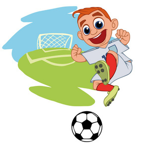 快乐足球漫画图一个卡通足球运动员正在英格兰统一的体育场里打球.