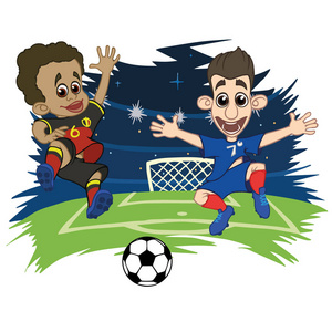动画片足球运动员在体育场法国比利时演奏球。矢量插图