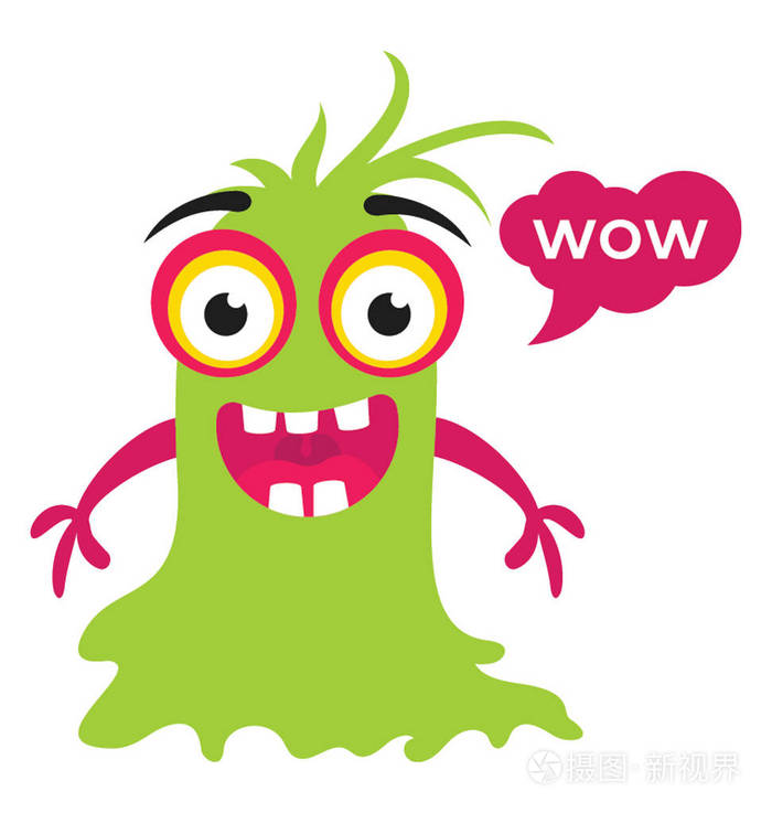 一个小鬼的巨魔卡通人物咧嘴大笑, 大嘴巴和哇消息泡沫
