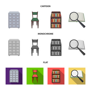 柜内有文件柜椅子货架信息查询。图书馆和书店集合图标在卡通, 平面, 单色风格矢量符号股票插画网站