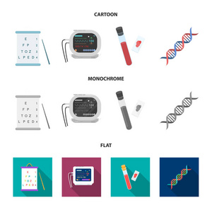 一张视力测试表, 血液测试, Dna 编码, 心电图仪。医药套装集合图标卡通, 平, 单色矢量符号股票插画网站
