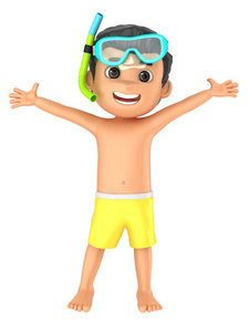 3d. 一个穿着泳装和护目镜武器的孩子的渲染