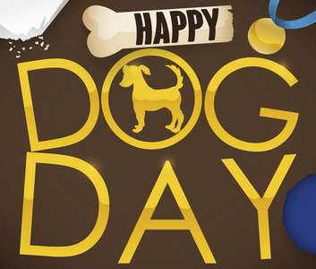 四足的小狗带有金色字母的海报和狗的剪影和一些宠物玩具: 球, 玩具