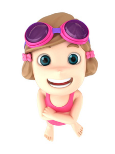 3d. 一个穿着泳装和护目镜的孩子的渲染