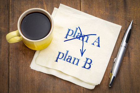 计划 a 和 B 概念在餐巾上写上一杯咖啡的笔迹