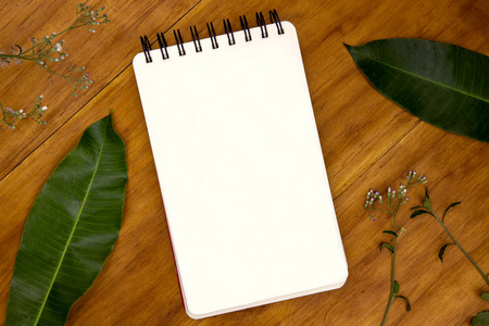 空白页垂直螺旋草绘垫与草本和叶子在乡村木背景, 顶部看法相片.