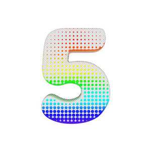 字母数字5。彩虹半色调字体由棉花纹理。3d 渲染在白色背景下被隔离