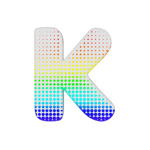 字母 K 大写。彩虹半色调字体由棉花纹理。3d 渲染在白色背景下被隔离