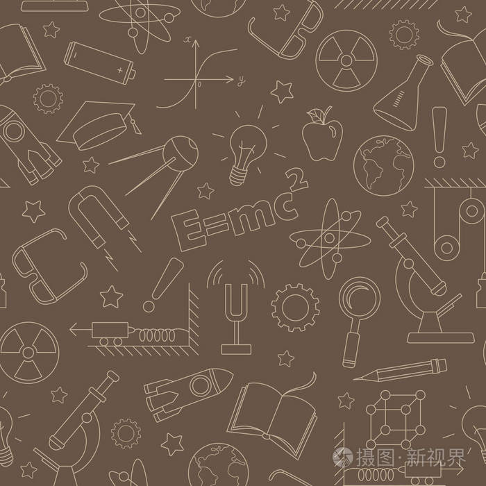 物理教育主题的无缝模式, 褐色背景上的简单轮廓米色轮廓