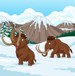 卡通长毛猛犸象步行穿过雪原图片