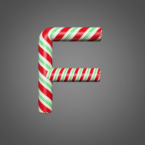 节日字母大写字母 F。圣诞字体由薄荷条纹糖果手杖。灰色背景下的3d 渲染