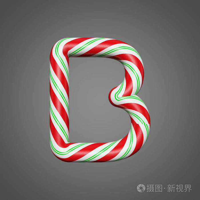 喜庆字母字母 B 大写。圣诞字体由薄荷条纹糖果手杖。灰色背景下的3d 渲染