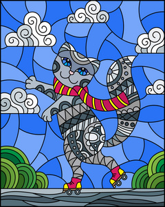 插图在彩色玻璃风格与滑稽灰色卡通猫在滚筒上, 在道路的背景和天空与云
