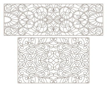 设置彩色玻璃与抽象漩涡和鲜花，水平方向的轮廓插图