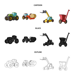 拖拉机, 干草平衡器和其他农业设备。农业机械集合图标在卡通, 黑色, 轮廓风格矢量符号股票插画网站