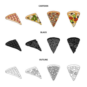 有不同配料的披萨片。不同的比萨集合图标在卡通, 黑色, 轮廓风格矢量符号股票插画网站