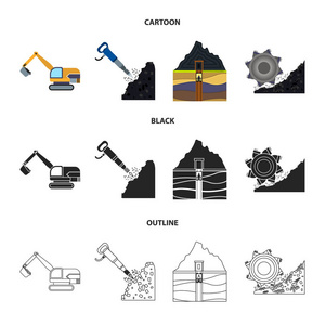 挖掘机隧道电梯采煤机等设备。矿山集合图标动画, 黑色, 轮廓样式矢量符号股票插画网站