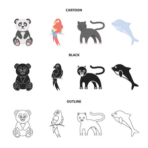 熊猫, popugay, 豹, 海豚。动物集合图标在卡通, 黑色, 轮廓风格矢量符号股票插画网站