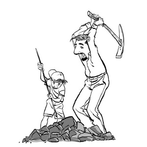 矿工, 探矿者或淘金者拿斧头.父亲和儿子采矿.家族企业照片