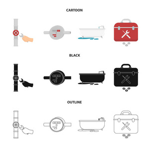 水表浴缸等设备。水暖套装集合图标卡通, 黑色, 轮廓风格矢量符号股票插画网站