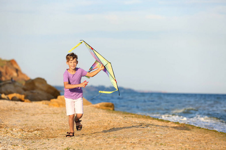 小男孩飞行风筝在海附近