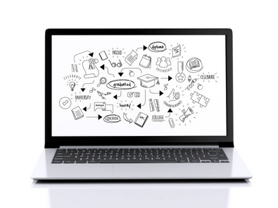 现代笔记本电脑的形象与教育素描。3d 白色背景插图