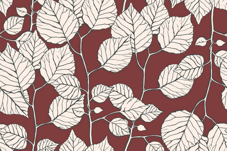 无缝图案与手工绘制的树枝与树叶。矢量插图。纺织品和墙纸的植物图案