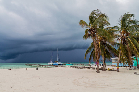 伯利兹 Caye Caulker 村的棕榈海滩。暴风雨来了