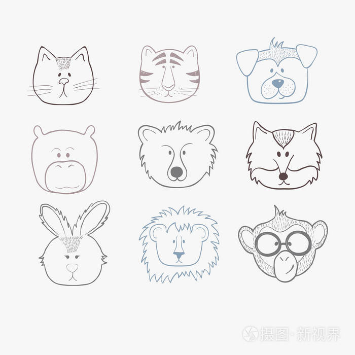 一套可爱的轮廓矢量动物的脸被孤立的白色背景
