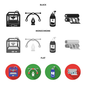 3d 打印机, 报纸打印机, 墨水, 钢笔。版式设置集合图标黑色, 平面, 单色样式矢量符号股票插画网站
