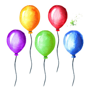 彩色气球设置.水彩手绘插图, 在白色背景下隔离照片