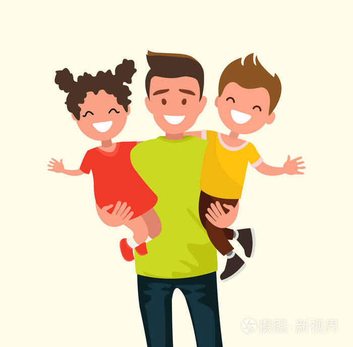 快乐的爸爸抱着他的儿子和女儿.平面设计的矢量图解