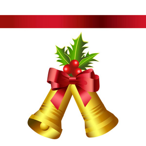 圣诞节金色的钟声和红色的弓被孤立在白色背景上