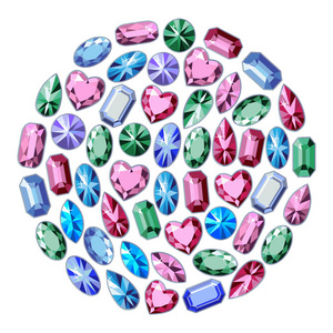 向量集一些绿色, 粉红色和蓝色珠石。白色背景下设计的孤立发光晶体像元素