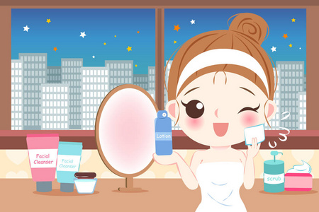 可爱的卡通皮肤护理妇女与美容理念照片
