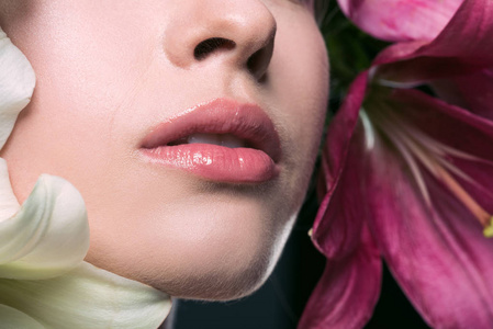 粉红色嘴唇和百合花灰色的美丽的年轻妇女的部分画像相似素材图片 摄图新视界