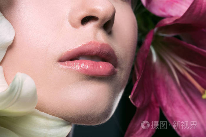 粉红色嘴唇和百合花灰色的美丽的年轻妇女的部分画像照片 正版商用图片0updk4 摄图新视界 粉红色嘴唇和百合花灰色的美丽的年轻妇女的部分画像照片 正版商用图片0updk4 摄图新视界