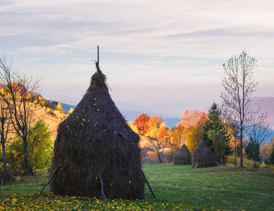 秋天的风景, 在一个山村的干草堆。乡村景观