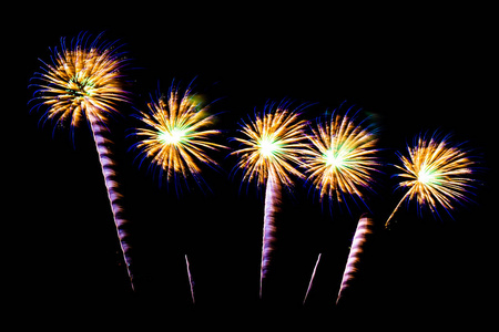 美丽的彩色烟花在夜空中显示在夜晚庆祝