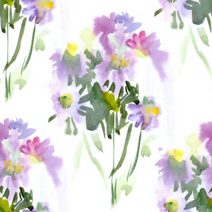 带紫色水彩夏日花朵的无缝图案