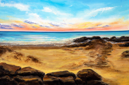 原始的油画美丽金黄日落在海洋海滩在帆布。当代印象派现代主义marinis