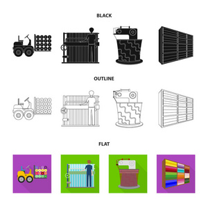 设备机器叉车等网页图标以黑色扁平轮廓样式。纺织, 工业, 组织, 图标集合收藏