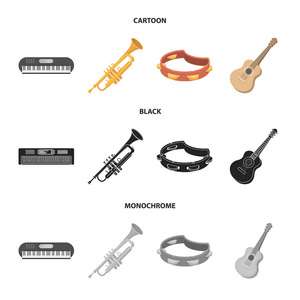 电子风琴, 小号, 铃鼓, 弦吉他。乐器集合图标在卡通, 黑色, 单色风格矢量符号股票插画网站