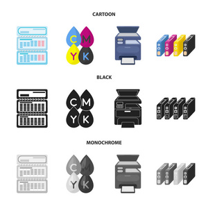 日历, 滴油漆, 墨盒, 多功能打印机。字体设置集合图标在卡通, 黑色, 单色风格矢量符号股票插画网站
