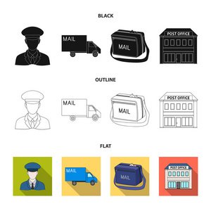 邮递员在制服, 邮件机, 袋子为信件, 邮局。邮件和邮差设置集合图标黑色, 平面, 轮廓样式矢量符号股票插画网站