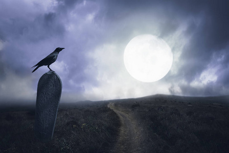 万圣节坟墓万圣节背景与乌鸦和坟墓照片