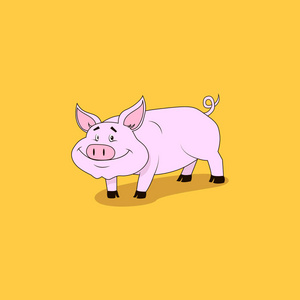 简单的矢量彩色平面艺术卡通插图微笑粉红色的猪